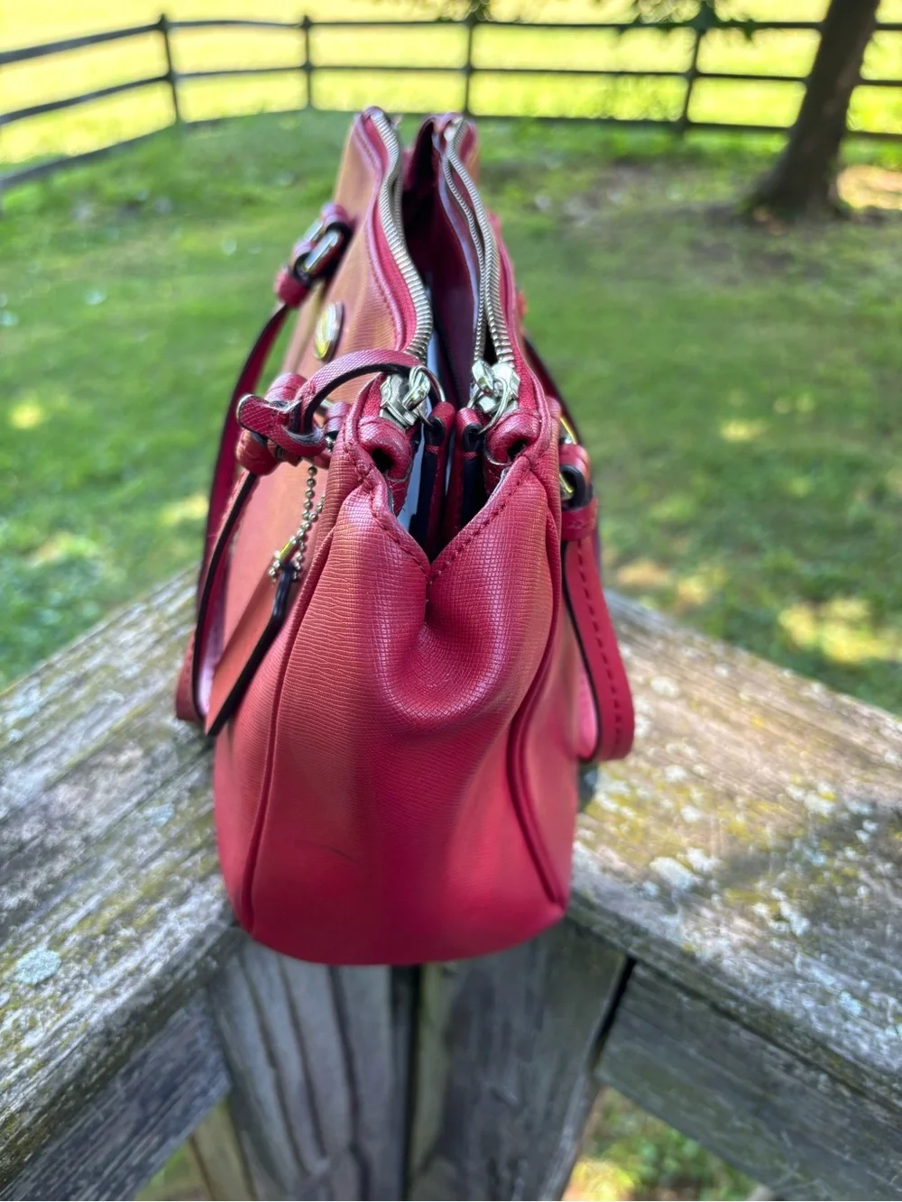 Coach Outlet Dark Red Leather Satchel/ Shoulder Bag with Charm - Picture 3 of 10